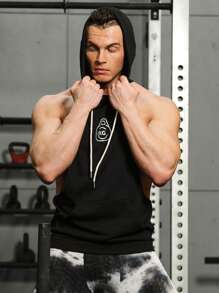 GymBeat 男士字母圖形束口帽運動背心，運動上衣 - 黑色 - 查看 7