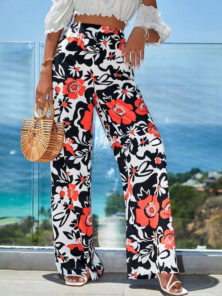 RueChic Floral Print Wide Leg Trousers - Multicolor - View 1