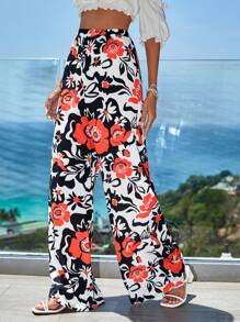 RueChic Floral Print Wide Leg Trousers - Multicolor - View 3