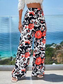 RueChic Floral Print Wide Leg Trousers - Multicolor - View 5