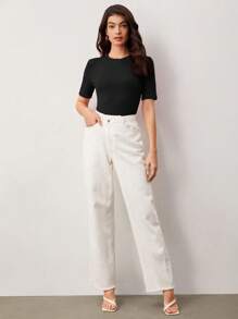 SHEIN BASICS Solid Ribbed Knit Tee - Black - View 3