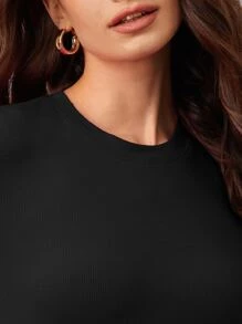 SHEIN BASICS Solid Ribbed Knit Tee - Black - View 5