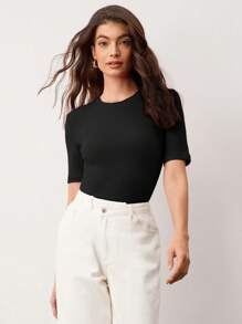 SHEIN BASICS Solid Ribbed Knit Tee - Black - View 6