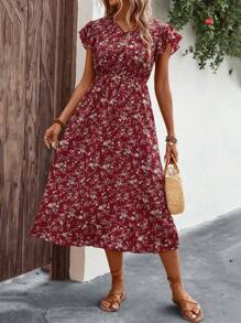 SHEIN Holidaya Vestido con estampado floral de manga mariposa bajo con fruncido - Rojo - Ver 1