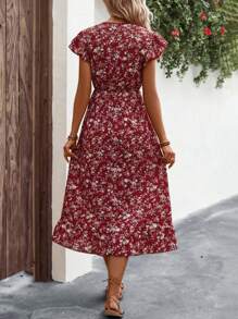 SHEIN Holidaya Vestido con estampado floral de manga mariposa bajo con fruncido - Rojo - Ver 2
