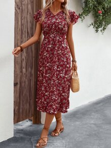 SHEIN Holidaya Vestido con estampado floral de manga mariposa bajo con fruncido - Rojo - Ver 3