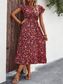SHEIN Holidaya Vestido con estampado floral de manga mariposa bajo con fruncido - Rojo - Ver 4