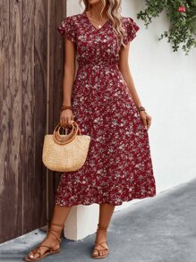 SHEIN Holidaya Vestido con estampado floral de manga mariposa bajo con fruncido - Rojo - Ver 6
