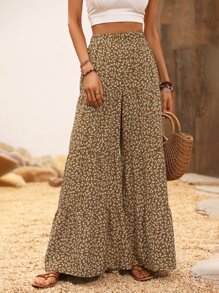 SHEIN VCAY 小碎花荷葉邊闊腿褲 - 卡其色 - 查看 3