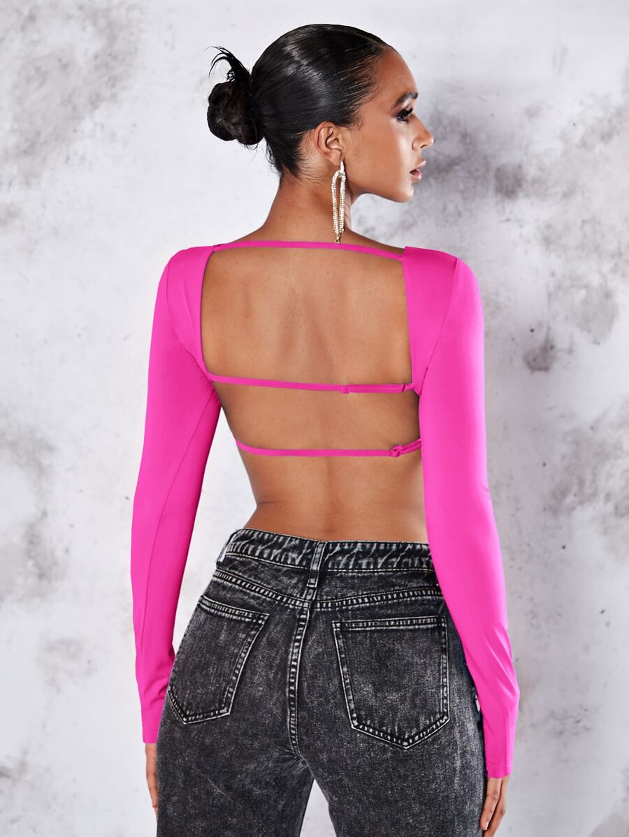 SHEIN BAE Top crop unicolor de espalda abierta micro - Rosa Fucsia - Ver 1
