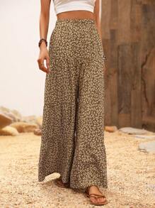 SHEIN VCAY 小碎花荷葉邊闊腿褲 - 卡其色 - 查看 5