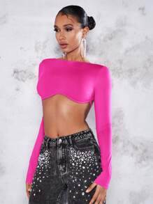 SHEIN BAE Top crop unicolor de espalda abierta micro - Rosa Fucsia - Ver 3
