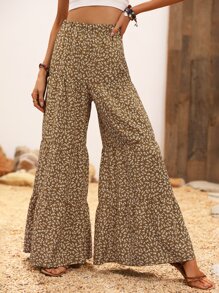 SHEIN VCAY 小碎花荷葉邊闊腿褲 - 卡其色 - 查看 6