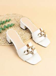 Spring/Summer Women Chain Decor Chunky Heeled Sandals, Elegant White Mule Sandals - White - View 2