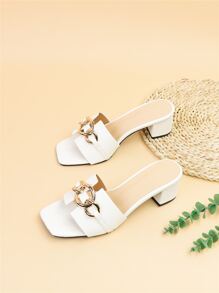 Spring/Summer Women Chain Decor Chunky Heeled Sandals, Elegant White Mule Sandals - White - View 3