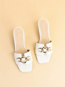 Spring/Summer Women Chain Decor Chunky Heeled Sandals, Elegant White Mule Sandals - White - View 5