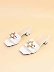 Spring/Summer Women Chain Decor Chunky Heeled Sandals, Elegant White Mule Sandals - White - View 7