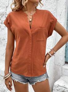 SHEIN LUNE Áo sơ mi nữ Túi màu trơn Giải trí - màu nâu - Xem 5