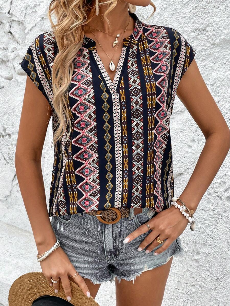 SHEIN LUNE Geo Print Notched Neck Batwing Sleeve Blouse - Multicolor - View 1