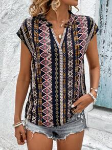 SHEIN LUNE Geo Print Notched Neck Batwing Sleeve Blouse - Multicolor - View 6