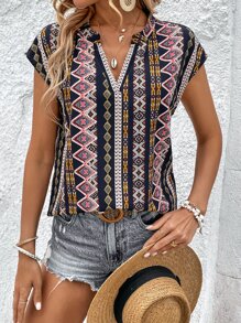 SHEIN LUNE Geo Print Notched Neck Batwing Sleeve Blouse - Multicolor - View 4