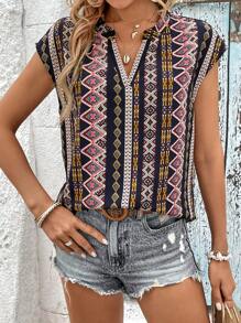 SHEIN LUNE Geo Print Notched Neck Batwing Sleeve Blouse - Multicolor - View 5
