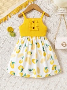 SHEIN Đầm bé gái Nút viền lá sen Rau quả Dễ thương - Nhiều màu - Xem 1