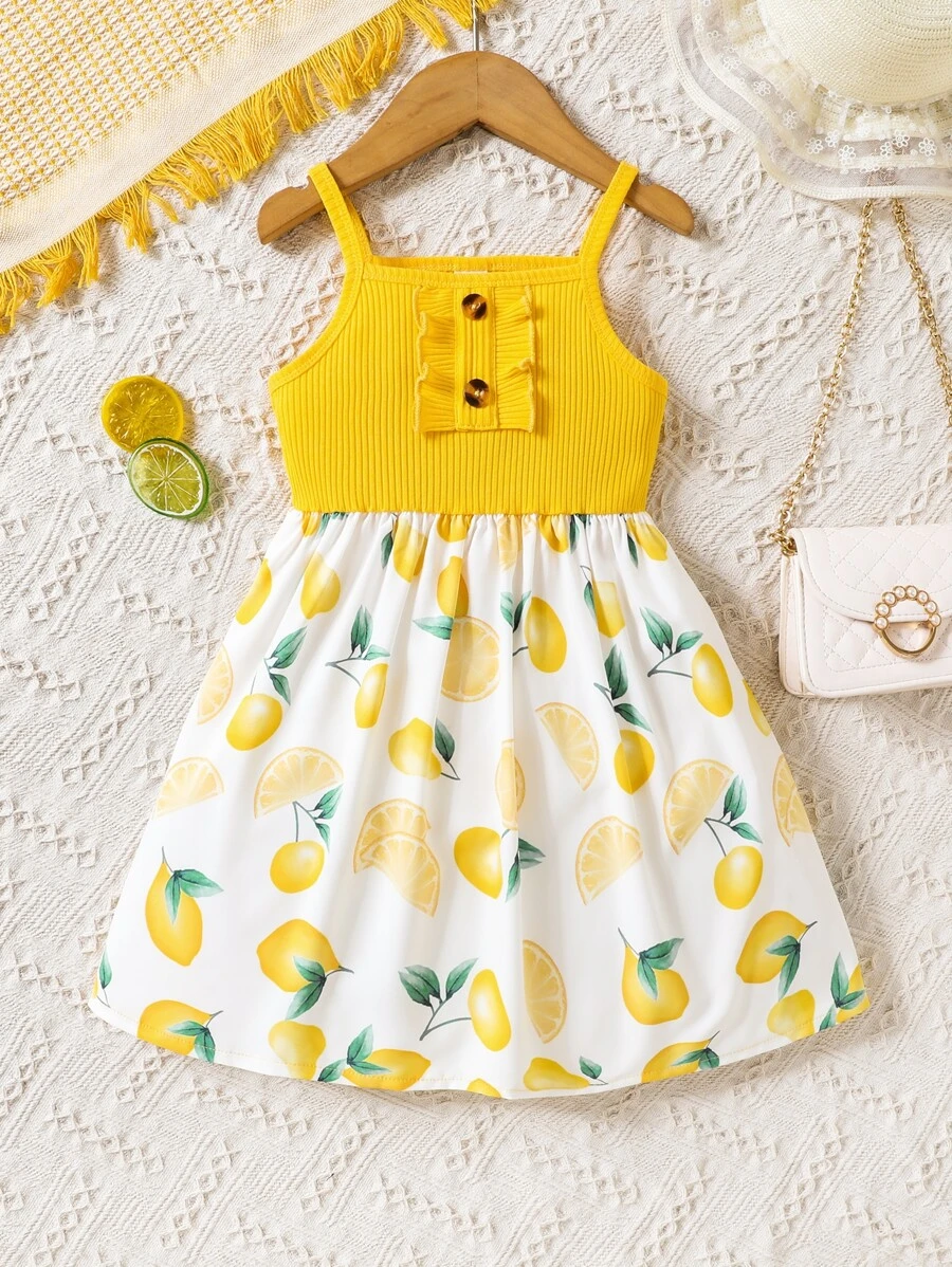 SHEIN Đầm bé gái Nút viền lá sen Rau quả Dễ thương - Nhiều màu - Xem 1