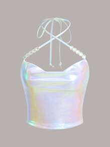 SHEIN ICON Áo Crop Halter Rave Kim loại Ca-vát Backless - trắng - Xem 1