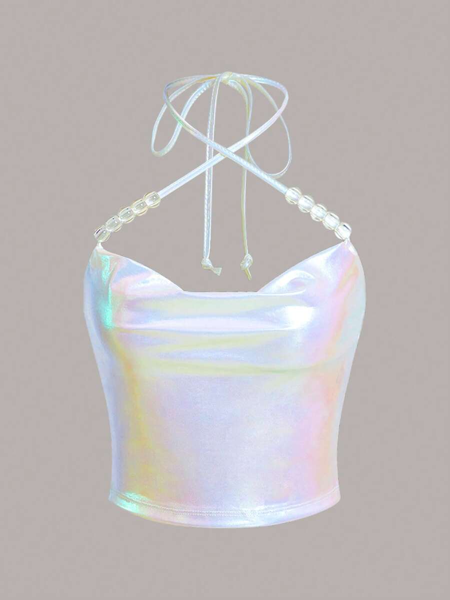 SHEIN ICON Áo Crop Halter Rave Kim loại Ca-vát Backless - trắng - Xem 1