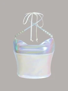 SHEIN ICON Áo Crop Halter Rave Kim loại Ca-vát Backless - trắng - Xem 2