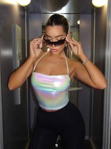 SHEIN ICON Áo Crop Halter Rave Kim loại Ca-vát Backless - trắng - Xem 4