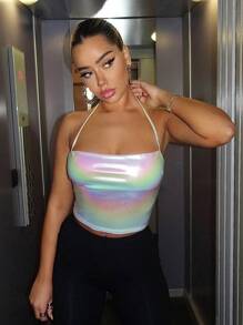 SHEIN ICON Áo Crop Halter Rave Kim loại Ca-vát Backless - trắng - Xem 6