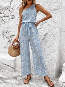 SHEIN Holidaya Allover Print One Shoulder Belted Jumpsuit - Blue - View 1