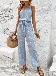 SHEIN Holidaya Allover Print One Shoulder Belted Jumpsuit - Blue - View 5