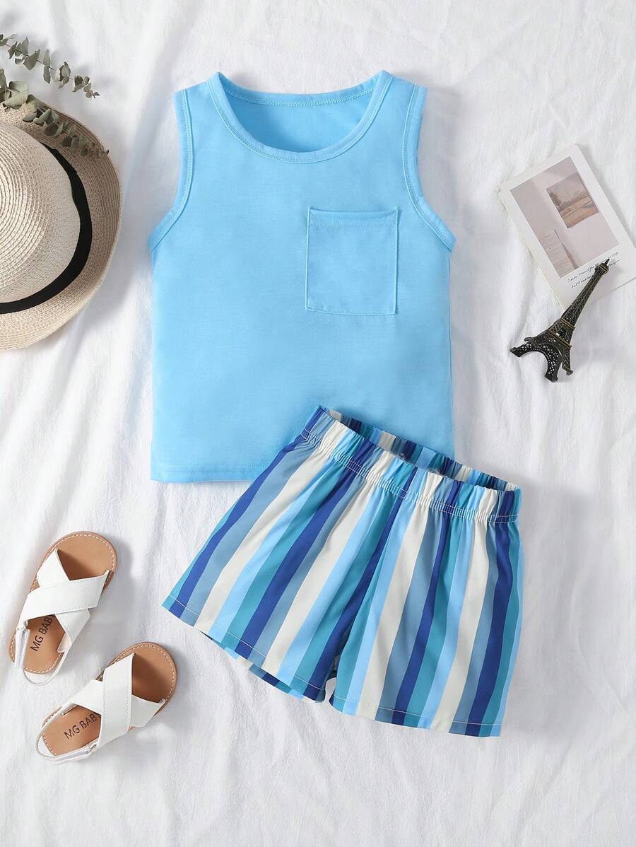 SHEIN Bộ thời trang bé trai Túi Sọc Giải trí - Màu xanh lam - Xem 1