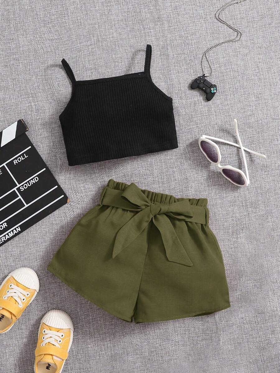 SHEIN Baby Girl Cami Top & Paperbag Waist Belted Shorts - Army Green - View 1