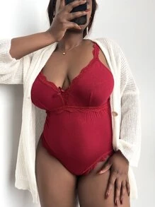 Plus Lace Trim Bow Front Cami Bodysuit - Burgundy - View 5