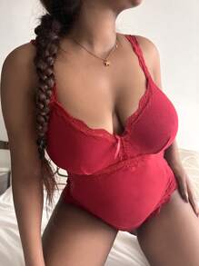 Plus Lace Trim Bow Front Cami Bodysuit - Burgundy - View 4