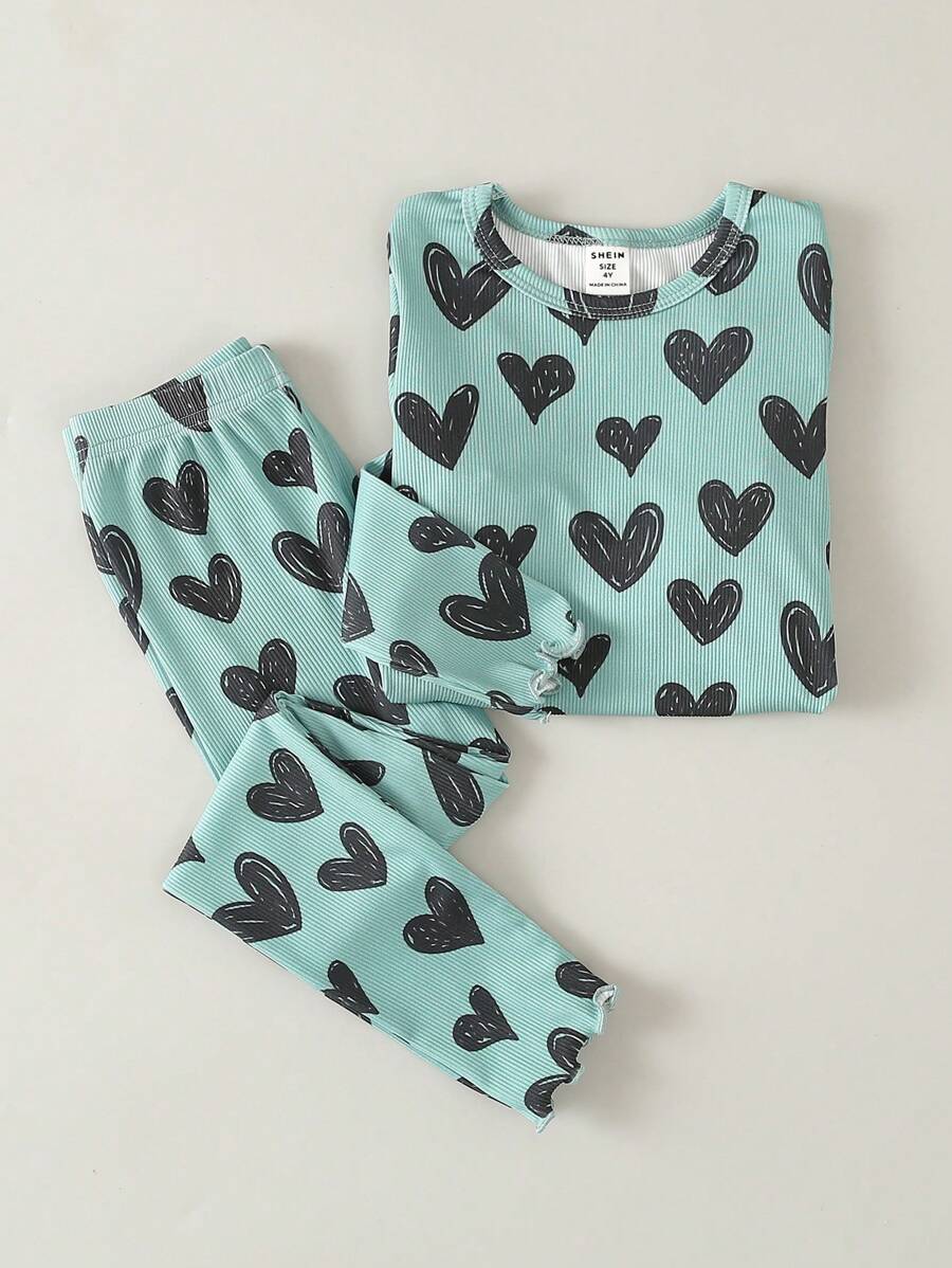 女孩愛心圖案木耳邊睡衣套裝 - 薄荷綠 - 查看 1