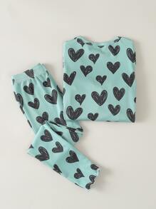 女孩愛心圖案木耳邊睡衣套裝 - 薄荷綠 - 查看 2