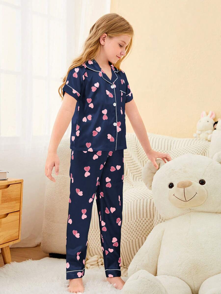 Girls Heart Print Contrast Binding Satin Blouse & Trousers PJ Set - Navy Blue - View 1