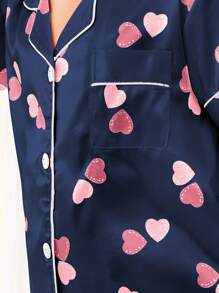 Girls Heart Print Contrast Binding Satin Blouse & Trousers PJ Set - Navy Blue - View 3