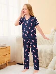 Girls Heart Print Contrast Binding Satin Blouse & Trousers PJ Set - Navy Blue - View 4