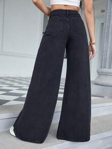 High Waist Wide Leg Jeans - Black - View 2