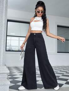 High Waist Wide Leg Jeans - Black - View 5