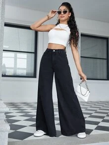 High Waist Wide Leg Jeans - Black - View 6