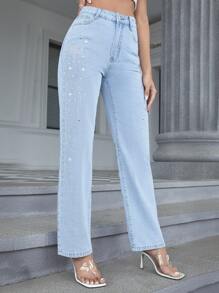 水鑽星星圖案直筒牛仔褲 - 淺色水洗藍 - 查看 1