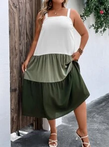 SHEIN LUNE Vestido de tirantes de color combinado bajo con fruncido - Multicolor - Ver 1