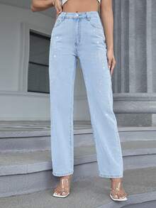 水鑽星星圖案直筒牛仔褲 - 淺色水洗藍 - 查看 3